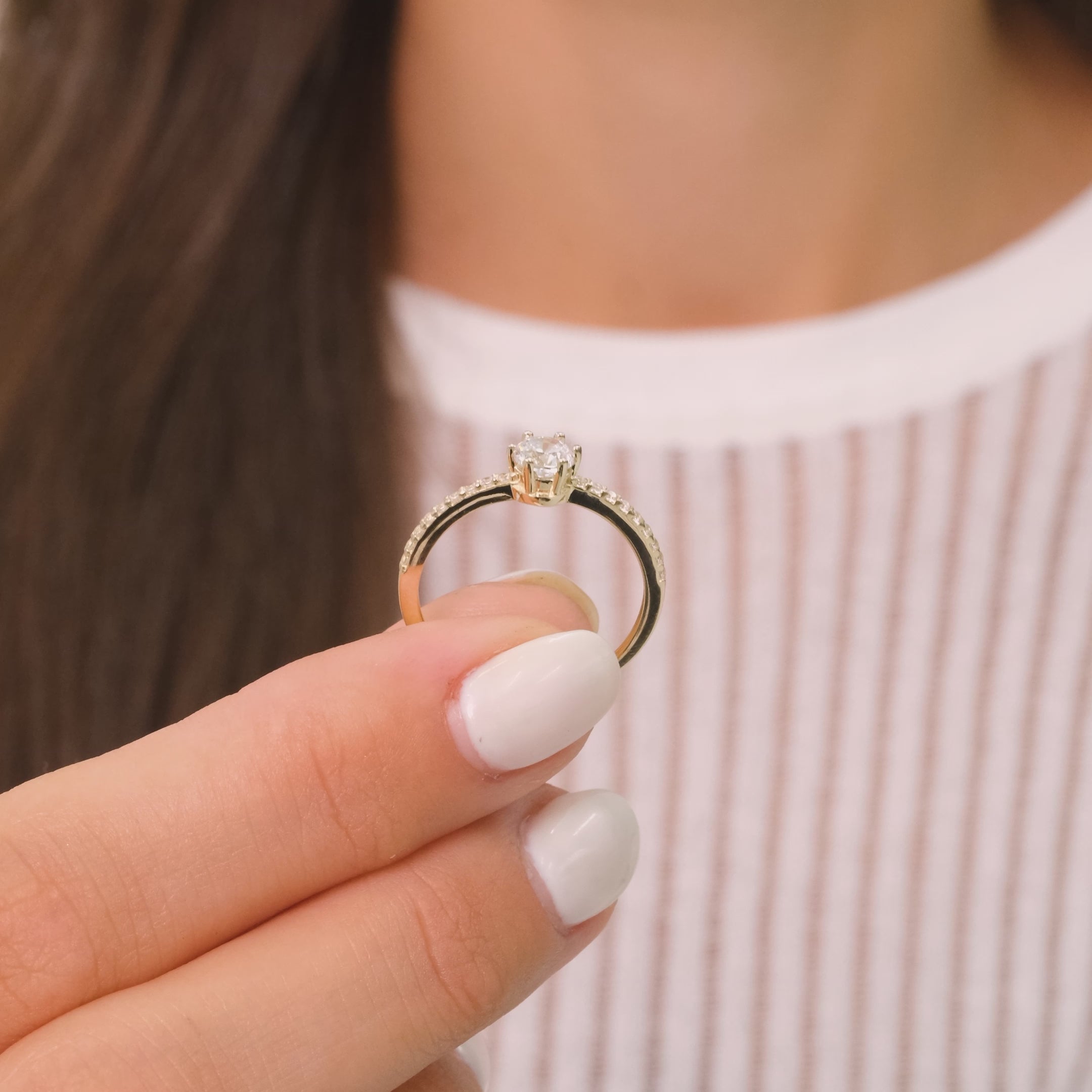 14K Solid Gold Vintage-Inspired Engagement Ring – Round Center Stone with Half-Set Accent Zirconia for Proposal & Wedding