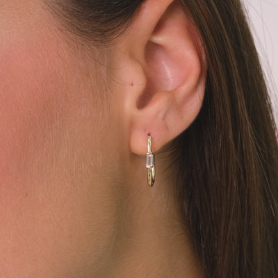 14K Solid Gold Oval Hoop Earrings – Minimalist Gold Hoops with Baguette Zircon Accent, Dainty Everyday Jewelry