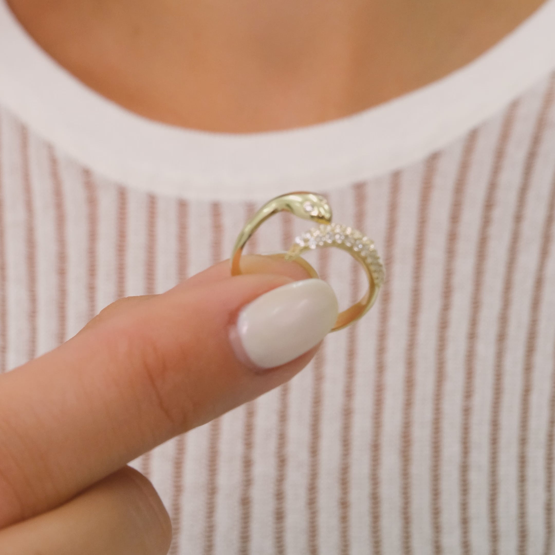 14K Solid Gold Adjustable Snake Ring – Zirconia Eye and Tail Accent Ring
