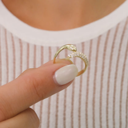 14K Solid Gold Adjustable Snake Ring – Zirconia Eye and Tail Accent Ring