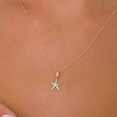 14K Solid Gold Starfish Necklace with Sparkling Zircon – Dainty Ocean-Inspired Minimal Jewelry, Gift for Her