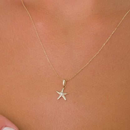 14K Solid Gold Starfish Necklace with Sparkling Zircon – Dainty Ocean-Inspired Minimal Jewelry, Gift for Her