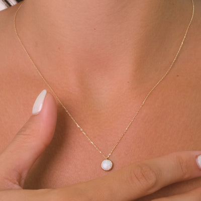 14K Solid Gold White Enamel Necklace – Dainty Round Bezel Pendant with Opal-Look Glossy Center, Minimal Everyday Jewelry