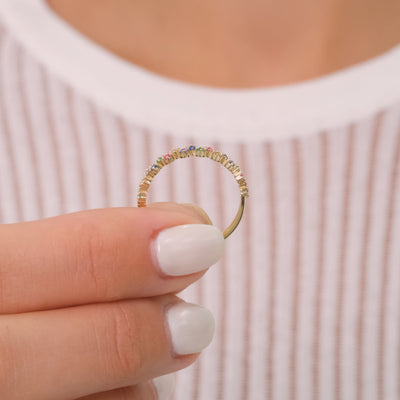 14K Solid Gold Colorful Birthstone Ring – Minimalist Single Row Round Gemstone Ring for Stacking & Everyday Wear