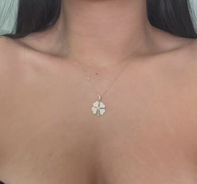14K Solid Gold CZ Clover Necklace - Handmade Pavé Lucky Symbol Unisex Jewelry