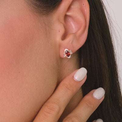 14K Solid Gold Oval Ruby Stud Earrings – Vintage-Inspired Design with Baguette & Round Zircon Accents, Dainty Gemstone Gold Jewelry