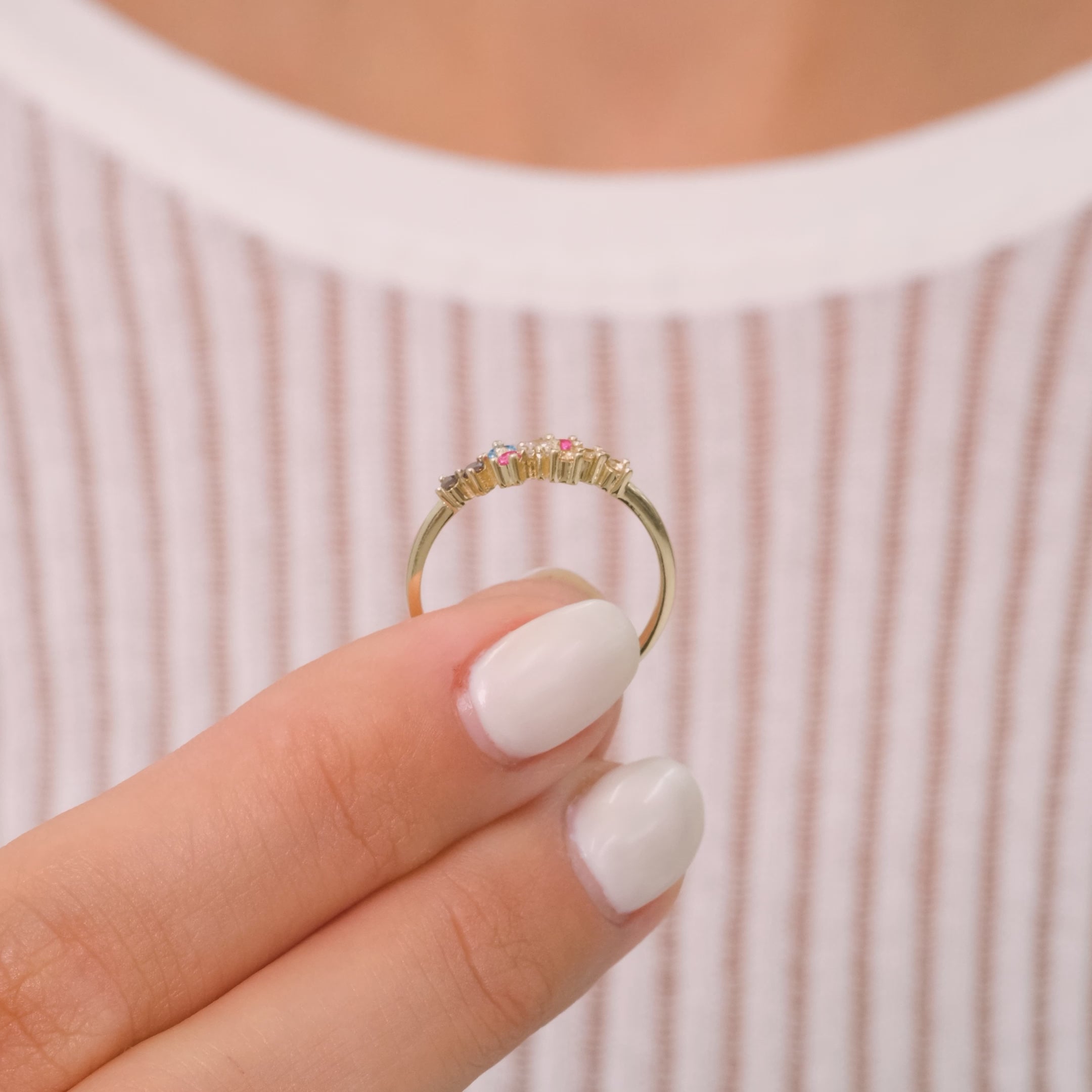 14K Solid Gold Colorful Birthstone-Inspired Ring – Round Multi-Stone Delicate Design, Stackable Fine Jewelry Gift for Her, Minimalist Elegant Band