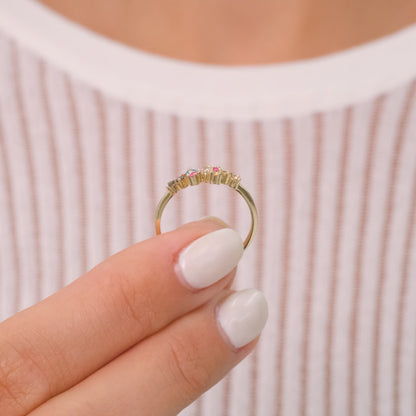 14K Solid Gold Colorful Birthstone-Inspired Ring – Round Multi-Stone Delicate Design, Stackable Fine Jewelry Gift for Her, Minimalist Elegant Band