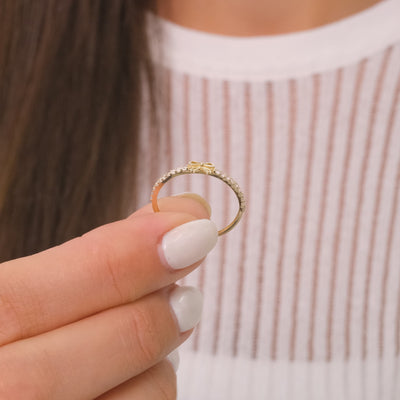 14K Solid Gold Minimal Bow Ring – Delicate Half-Pavé Round Zirconia Accents on Elegant Band, Minimalist Stackable Fine Jewelry Gift for Her