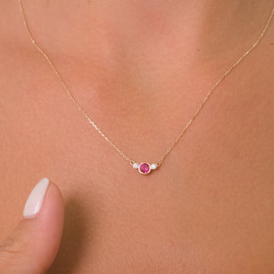 14K Solid Gold Trio Necklace – Lab-Created Ruby Center Stone with Round Zircon Side Accents, Dainty 3-Stone Pendant