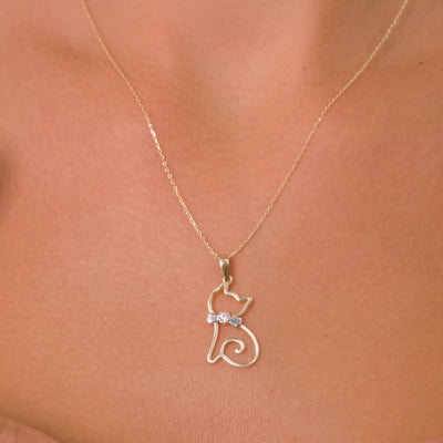 14K Solid Gold Minimal Cat Pendant Necklace with Bow Tie and White Zircon Stone – Dainty Animal Jewelry