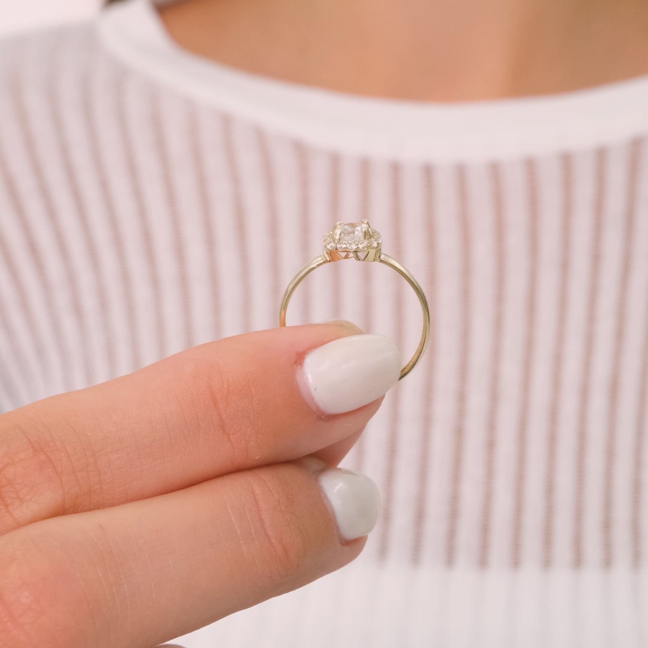 14K Solid Gold Round Center Ring – Framed Square-Style Design with Side Accent Zirconia