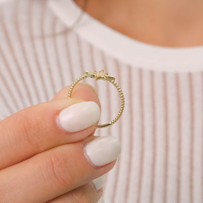 14K Gold North Star Ring – Sparkling Round Zirconia, Beaded Detail on Elegant Band