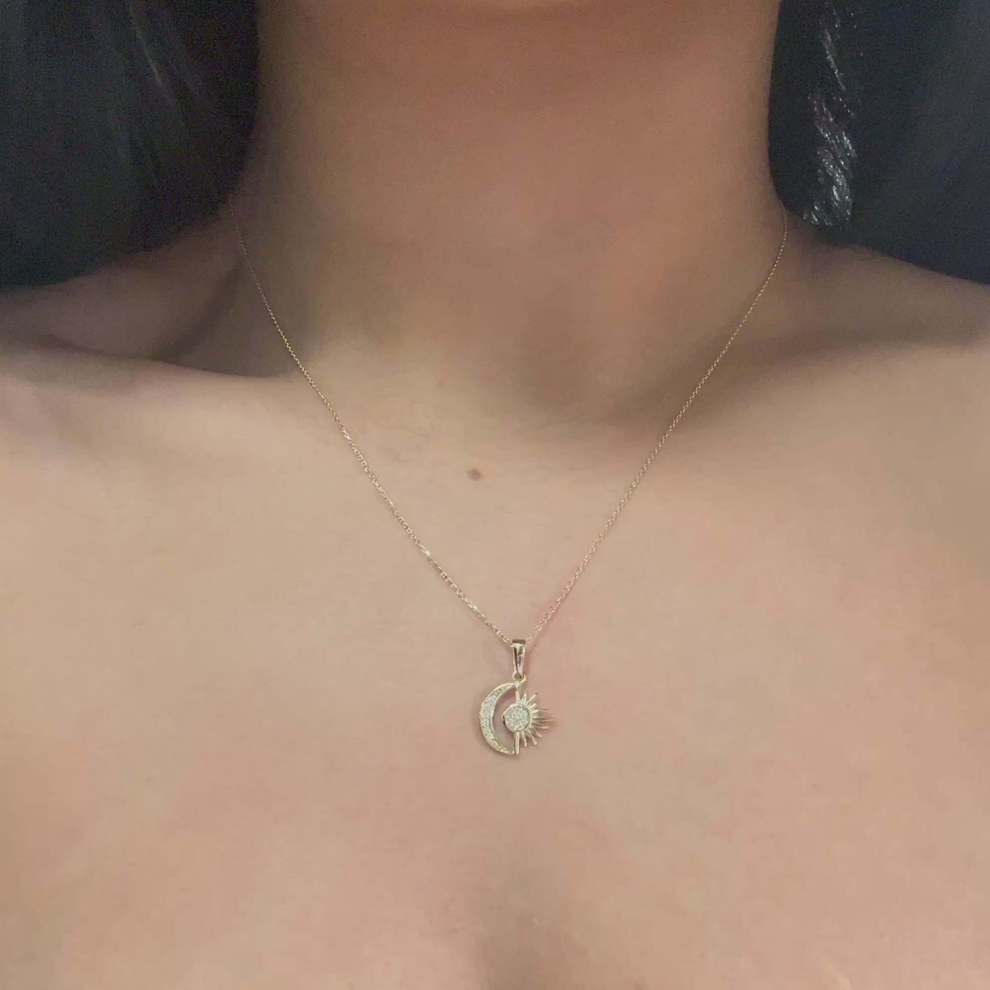 14K Solid Gold Sun and Moon Pendant Necklace with CZ Stones Minimal Charm