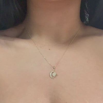 14K Solid Gold Sun and Moon Pendant Necklace with CZ Stones Minimal Charm