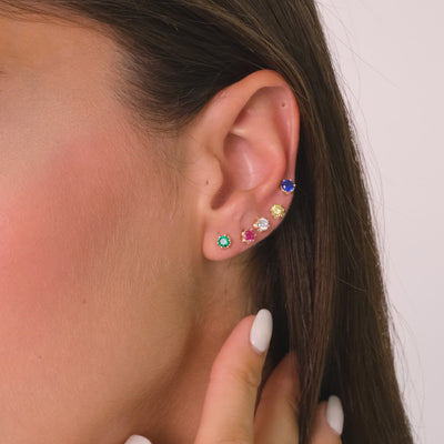 14K Solid Gold Round Gemstone Zircon, Citrine, Ruby, Emerald and Sapphire Stud Earrings – Classic Unisex Single Stone Gold Studs