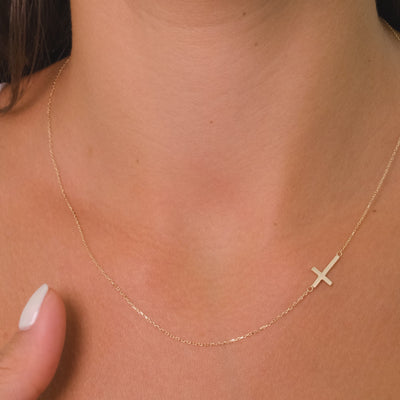 14K Solid Gold Side Cross Necklace – Minimal Dainty Gold Pendant, Everyday Elegant Jewelry