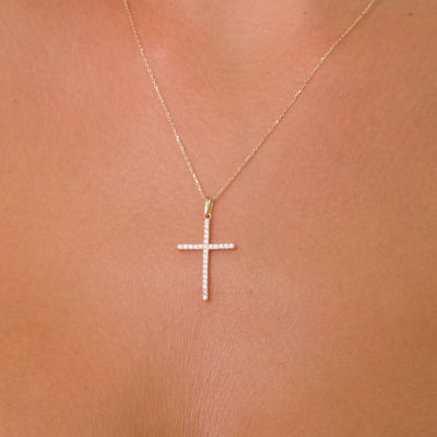 14K Solid Gold Double-Sided Cross Pendant Necklace with 52 Zircon Stones – Elegant Religious Jewelry