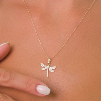 14K Solid Gold Dragonfly Pendant Necklace with 13 White Zircon Stones – Dainty Nature Jewelry