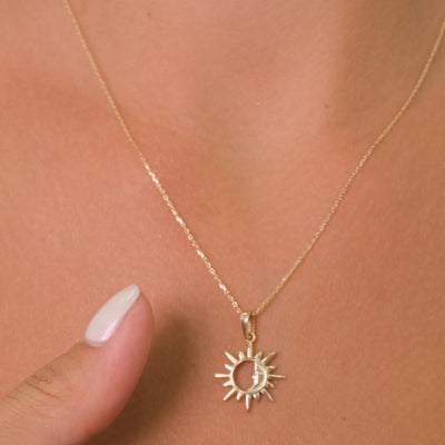 14K Solid Gold Sun Pendant Necklace with Crescent Moon – Minimal Celestial Jewelry