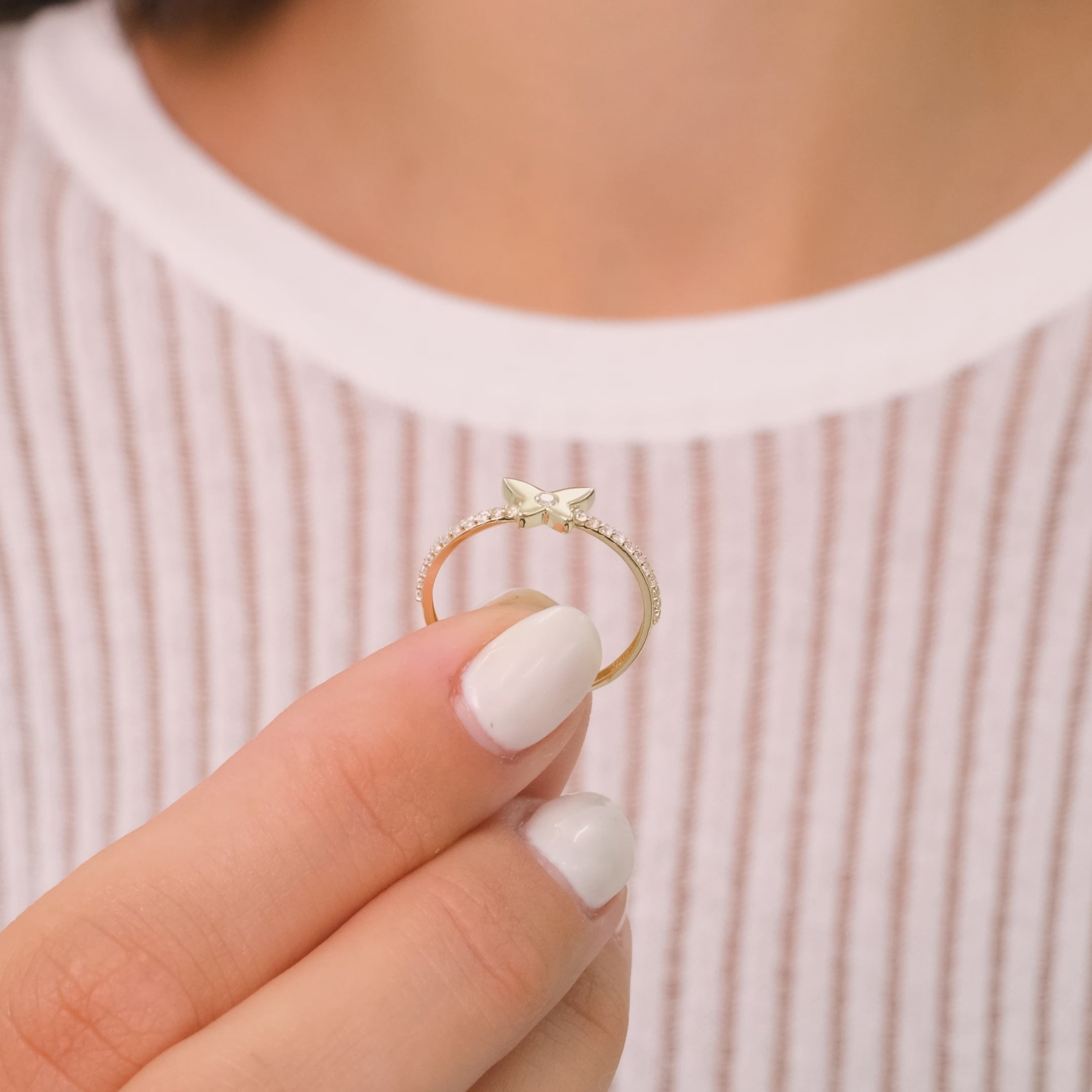 14K Solid Gold Minimal Butterfly Ring – Center Stone with Half-Pavé Band Zirconia
