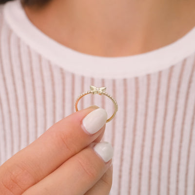 14K Solid Gold Minimal Butterfly Ring – Center Stone with Half-Pavé Band Zirconia