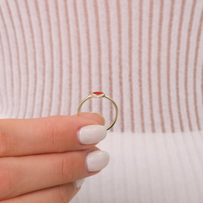 14K Solid Gold Heart Enamel Ring – Minimal Red Center Heart Ring – Gift for Her