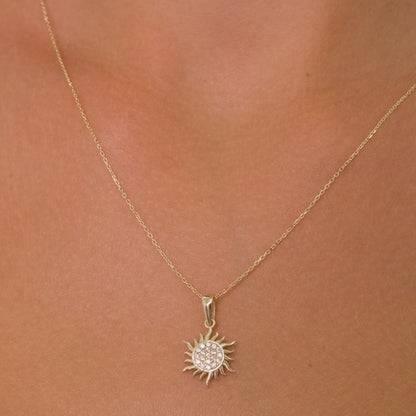 14K Solid Gold Sun Pendant Necklace with 19 White Zircon Stones – Dainty Vintage Minimal Jewelry