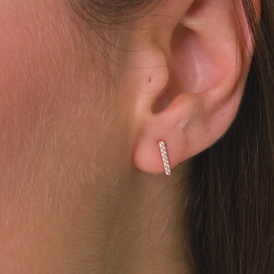 14K Solid Gold Bar Stud Earrings – Minimalist Round Stone Earrings, Two Sizes S & M, Dainty Everyday Jewelry