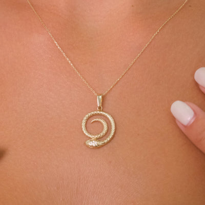 14K Solid Gold Spiral Snake Pendant Necklace with Zirconia Stones – Unique Animal Jewelry