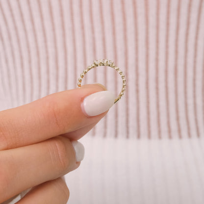 14K Gold Trio Stone Ring – Sparkling Round Zirconia, Beaded Detail, Elegant Band