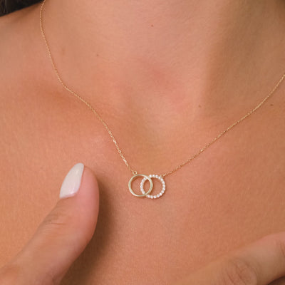 14K Solid Gold Interlocking Circle Necklace – Pave Zircon and Polished Gold, Infinity-Inspired Dainty Double Circle Pendant