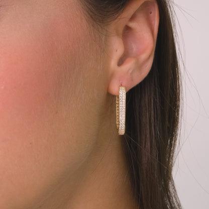14K Solid Gold Rectangular Hoop Earrings – Bold Oval Hoops with Double Row of Sparkling Stones