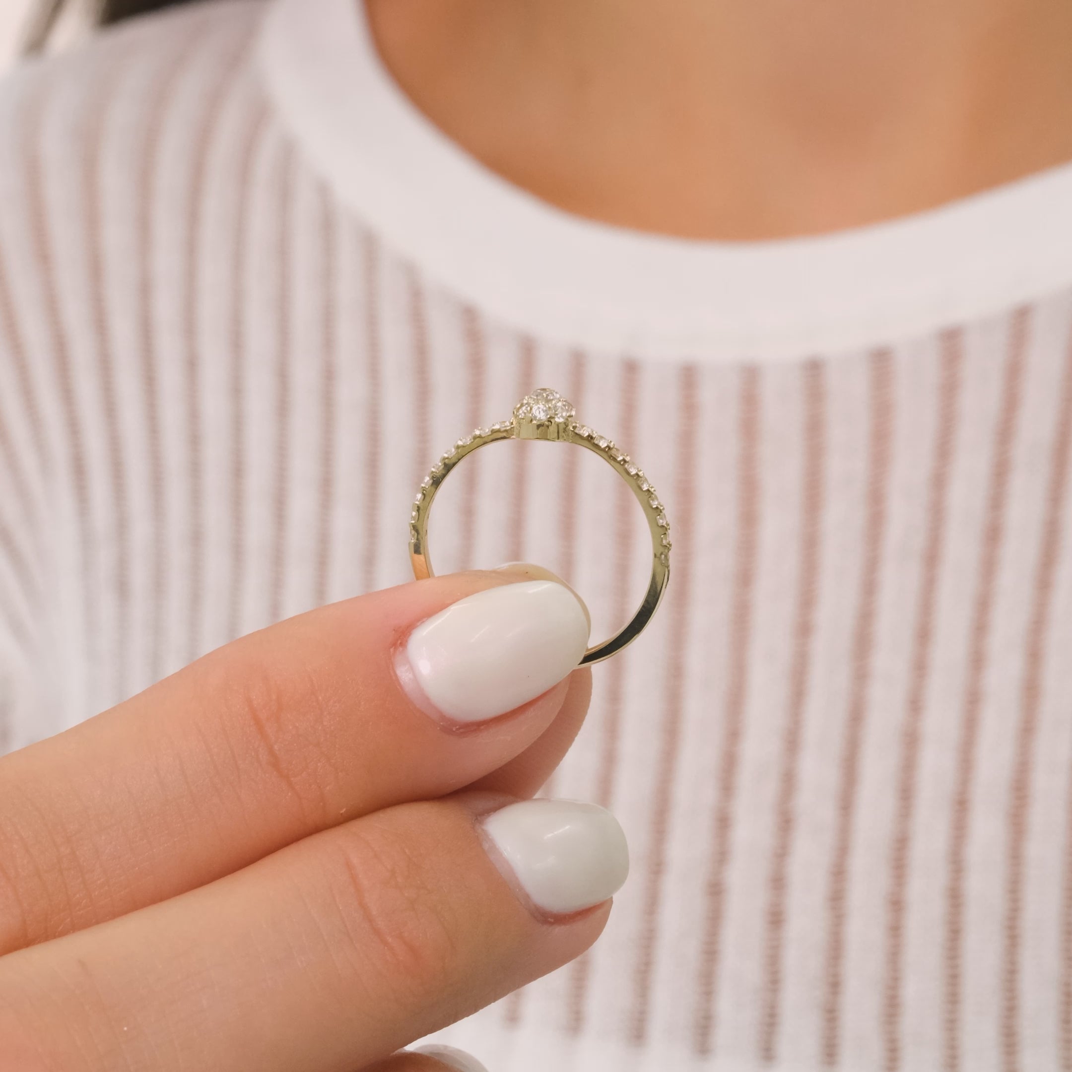 14K Solid Gold Minimal Round Zirconia Ring – Center Stone with Halo and Band Accent Stones