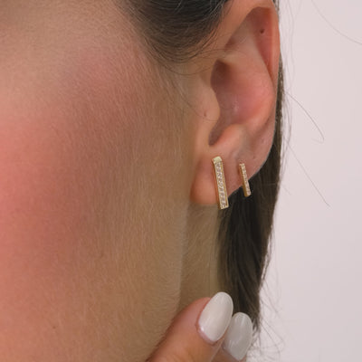 14K Solid Gold Bar Stud Earrings – Minimalist Round Stone Earrings, Two Sizes S & M, Dainty Everyday Jewelry