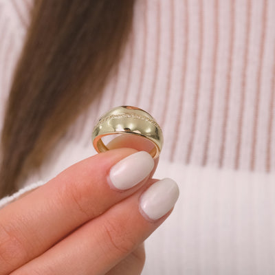 14K Solid Gold Bold Puff Ring – Vintage-Inspired Statement Ring with Single Row of Sparkling Zirconia Stones for Everyday & Stacking