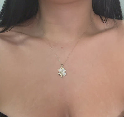14K Solid Gold Four Leaf Clover Pendant Necklace, Handmade Lucky Charm, Dainty Minimal Jewelry