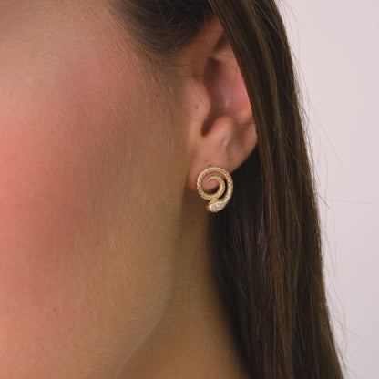 14K Solid Gold Snake Stud Earrings – Spiral Serpent Design with Round Stone Accents, Bold Unique Gold Jewelry