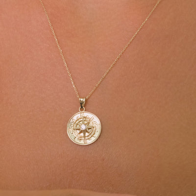14K Solid Gold Compass, North Star Pendant Necklace with Zircon Stone – Dainty Nautical Jewelry