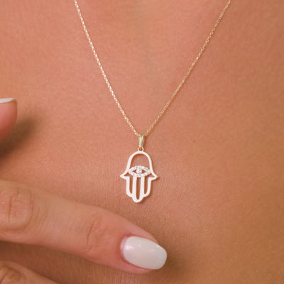 14K Solid Gold Hamsa Hand Pendant Necklace with 13 White Zircon Stones – Dainty Protective Jewelry