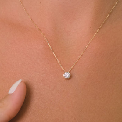 14K Solid Gold Single Zircon Necklace – Bezel Dainty Pendant, Classic Sparkling Gold Jewelry for Everyday Wear