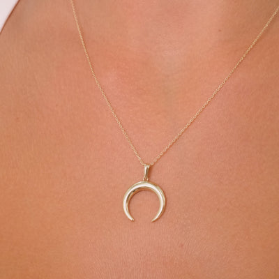 14K Solid Gold Crescent Moon Pendant Necklace with White Zircon Stone – Dainty Celestial Jewelry