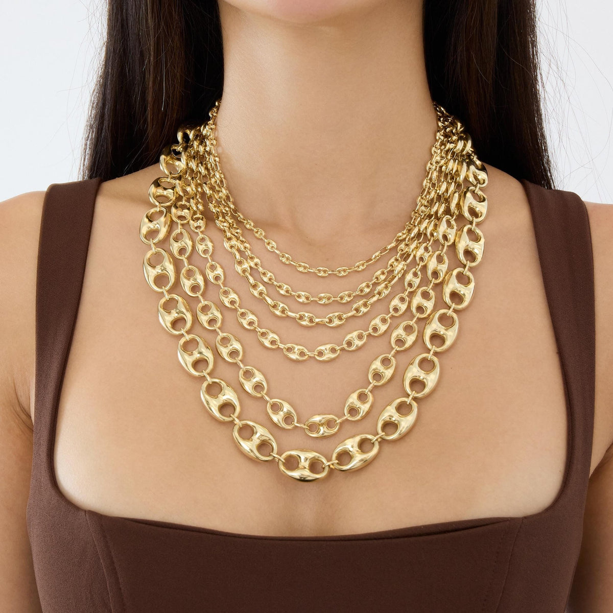 14K gold puffed mariner chain necklace, styled view