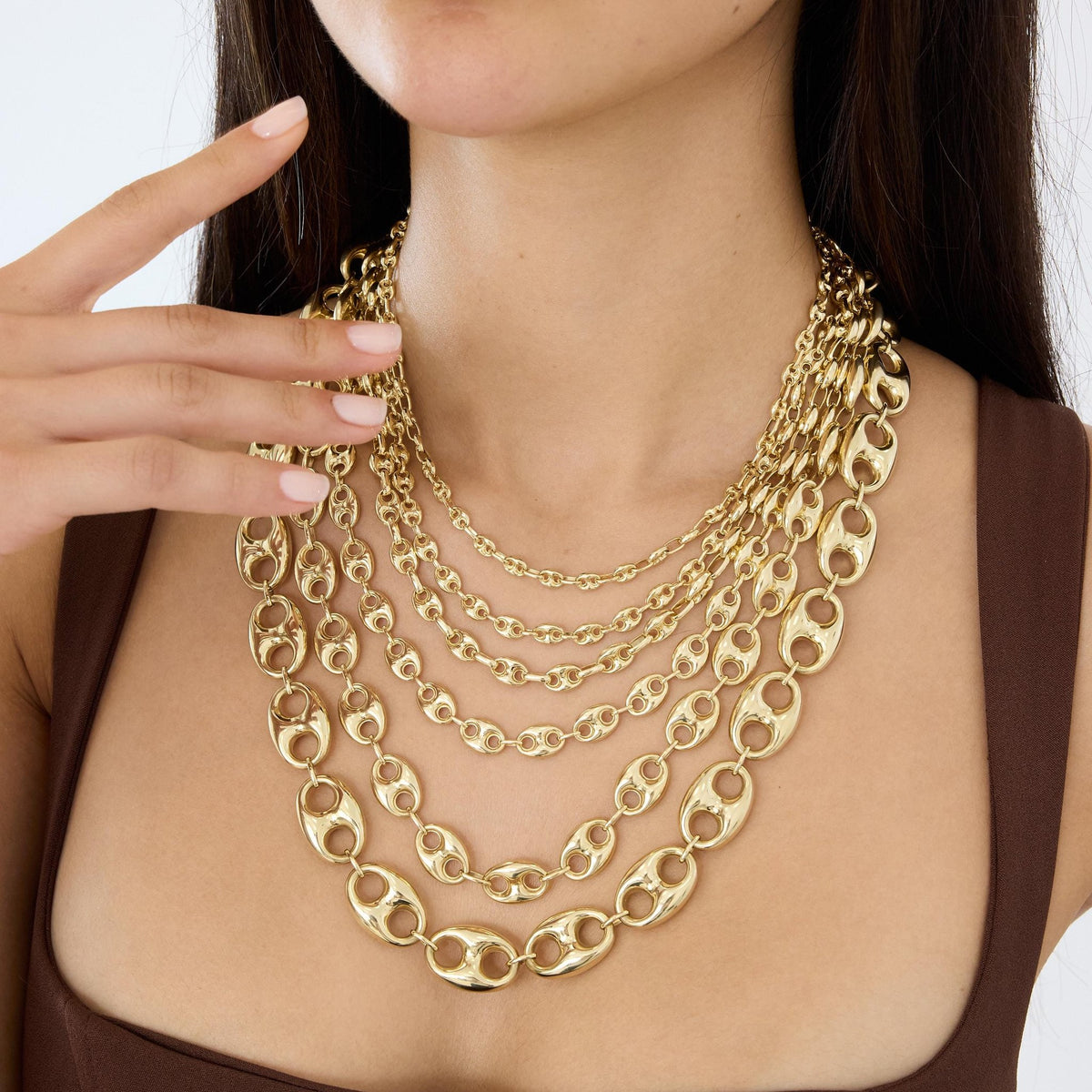14K gold puffed mariner chain necklace, styled view
