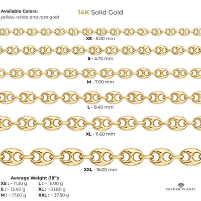Size chart for the 14K gold puffed mariner chain necklace showing size and weight