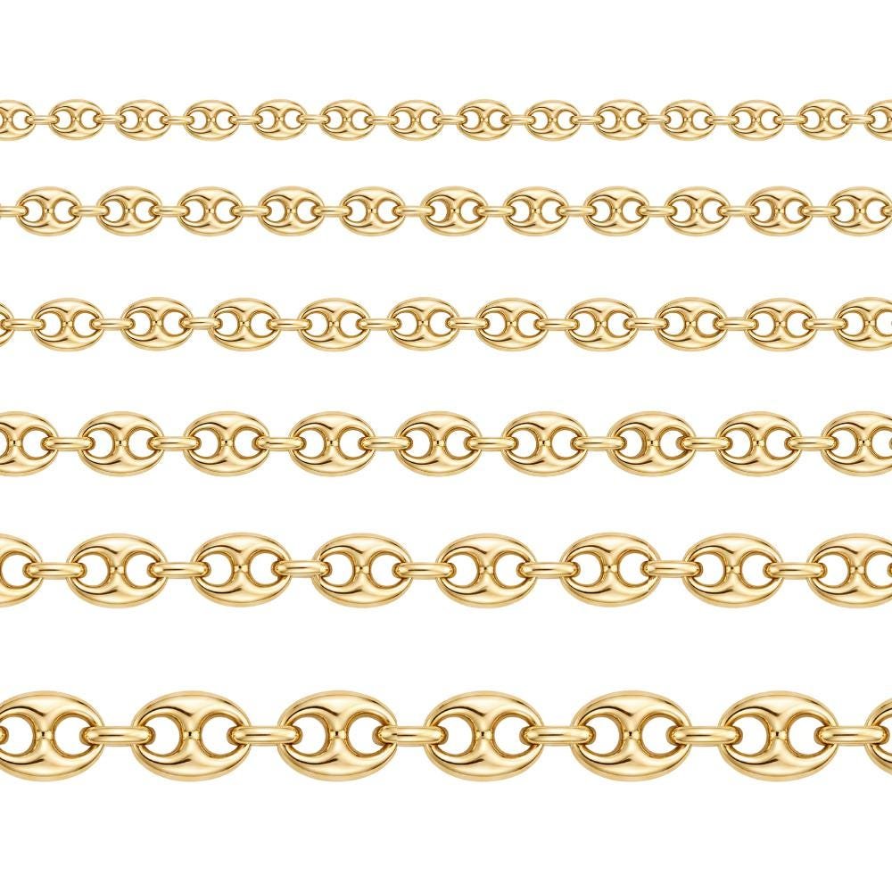 14K yellow gold puffed mariner link bracelet chain shown flat in six widths on a white background