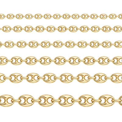 14K yellow gold puffed mariner link bracelet chain shown flat in six widths on a white background
