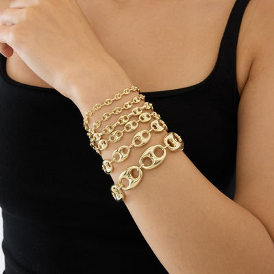 14K gold puffed mariner link bracelet, styled view