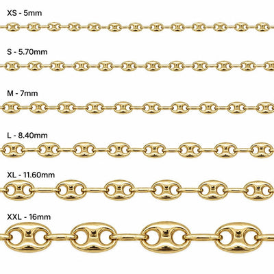 Size chart for the 14K gold puffed mariner link chain bracelet showing size and weight