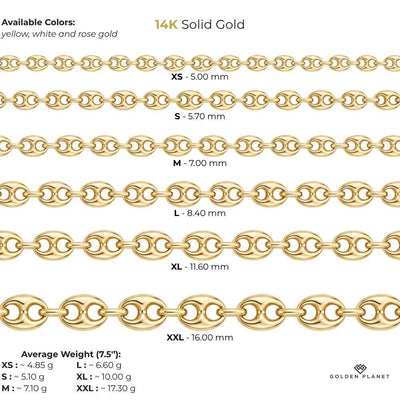 Size chart for the 14K gold puffed mariner link chain bracelet showing size and weight